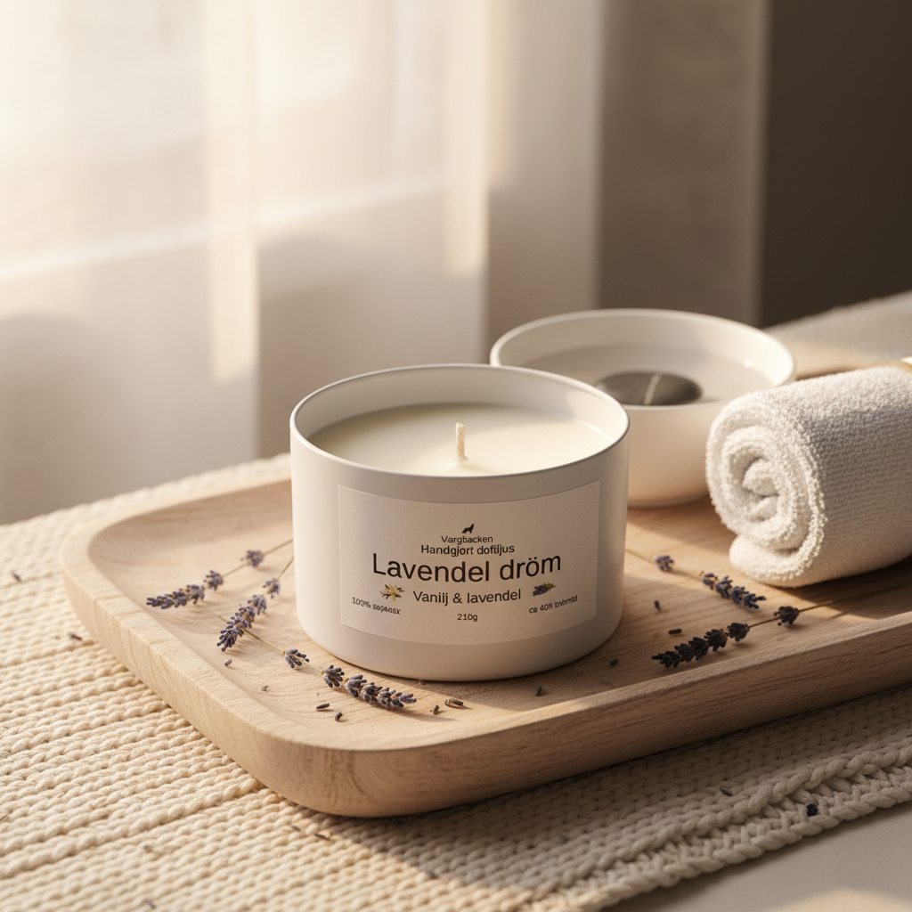 Handgjortt doftljus Lavendel dröm sojawax 210g - mild vanilj & lavendel - Naturligt veganskt ljus - Present tips