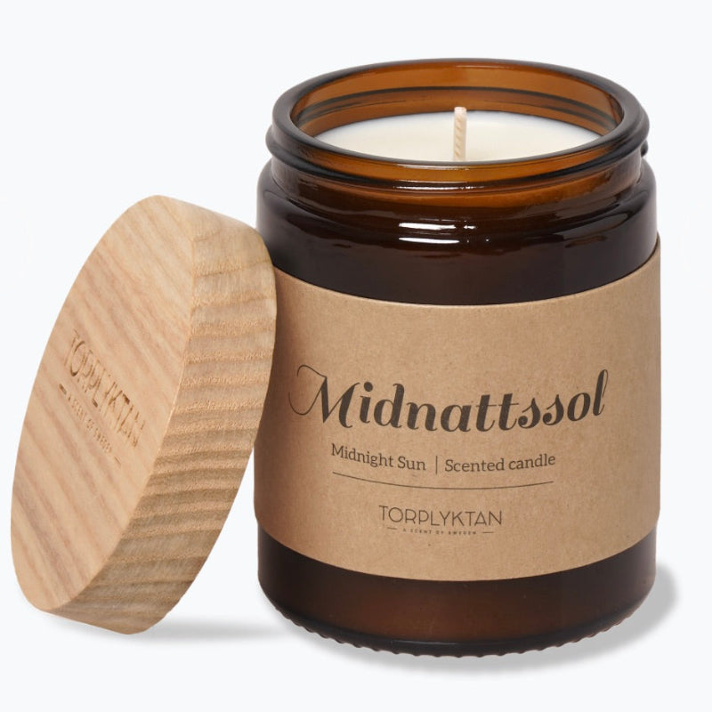 Doftljus Midnattssol 150g i glas med trälock