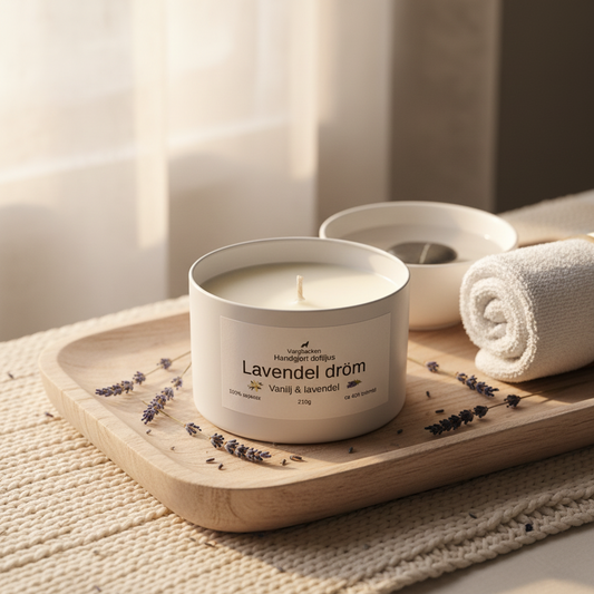 Handgjortt doftljus Lavendel dröm sojawax 210g - mild vanilj & lavendel - Naturligt veganskt ljus - Present tips
