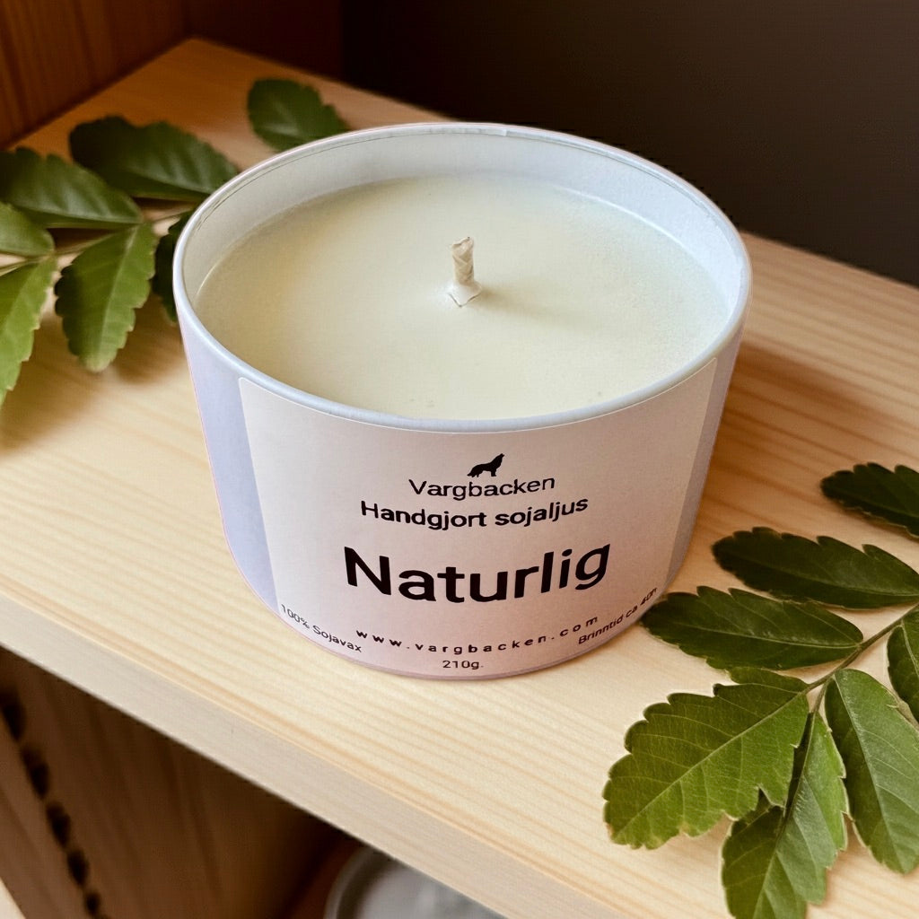 Handgjutet ljus utan doft sojavax 210g - Doftkänsliga naturligt veganskt - Sotfri förbränning glasburk - Tillverkat i Örebro
