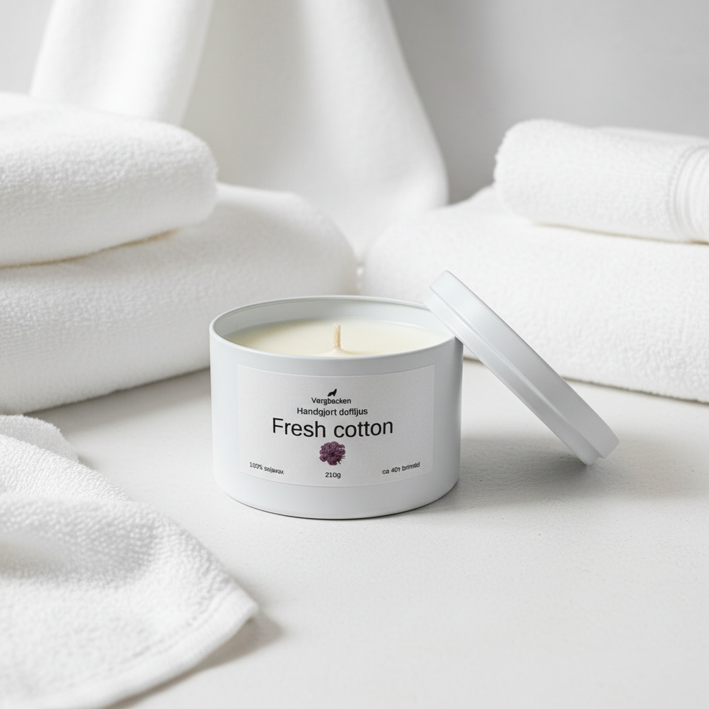 Handgjortt doftljus bra present fresh cotton sojavax 210g - Fräsch doft nytvättat linne - Naturligt veganskt ljus i burk - Made in Sweden
