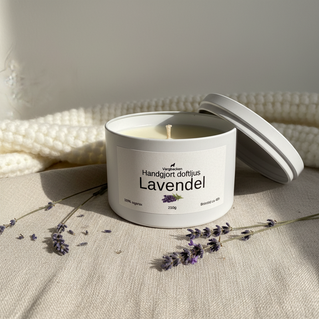 Handgjutet doftljus lavendel sojavax 210g - Naturligt veganskt ljus burk med lock - Tillverkat i Örebro Sverige

