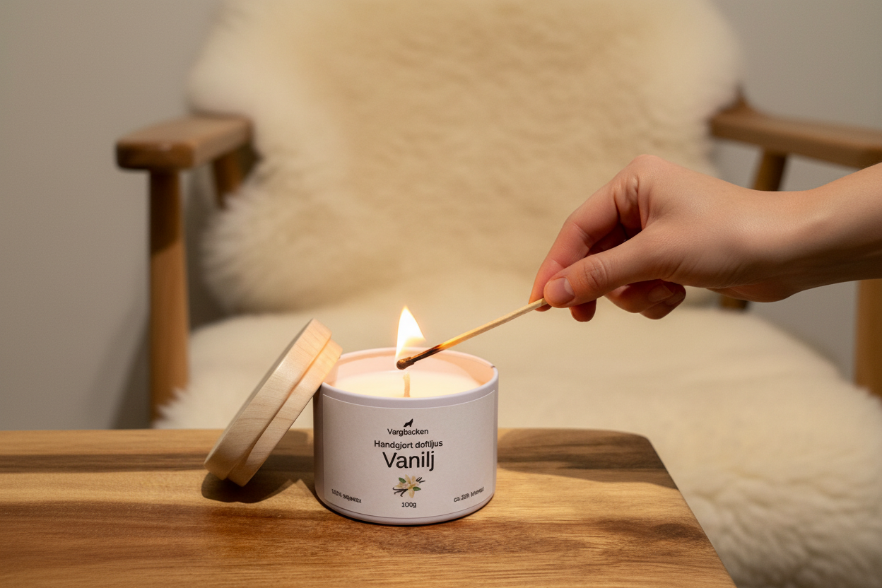 Någon tänder Vargbacken Vanilj ljus i mysig miljö