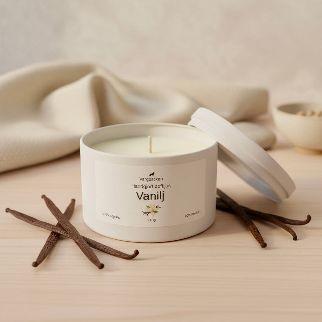Handgjutet doftljus vanilj sojavax 210g - Naturligt veganskt ljus plåtburk med lock - Tillverkat i Örebro Sverige
