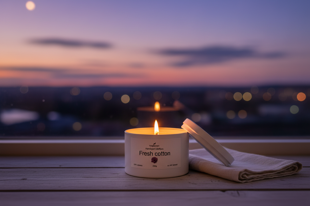 Vargbacken Fresh Cotton doftljus i vit plåtburk i skymning