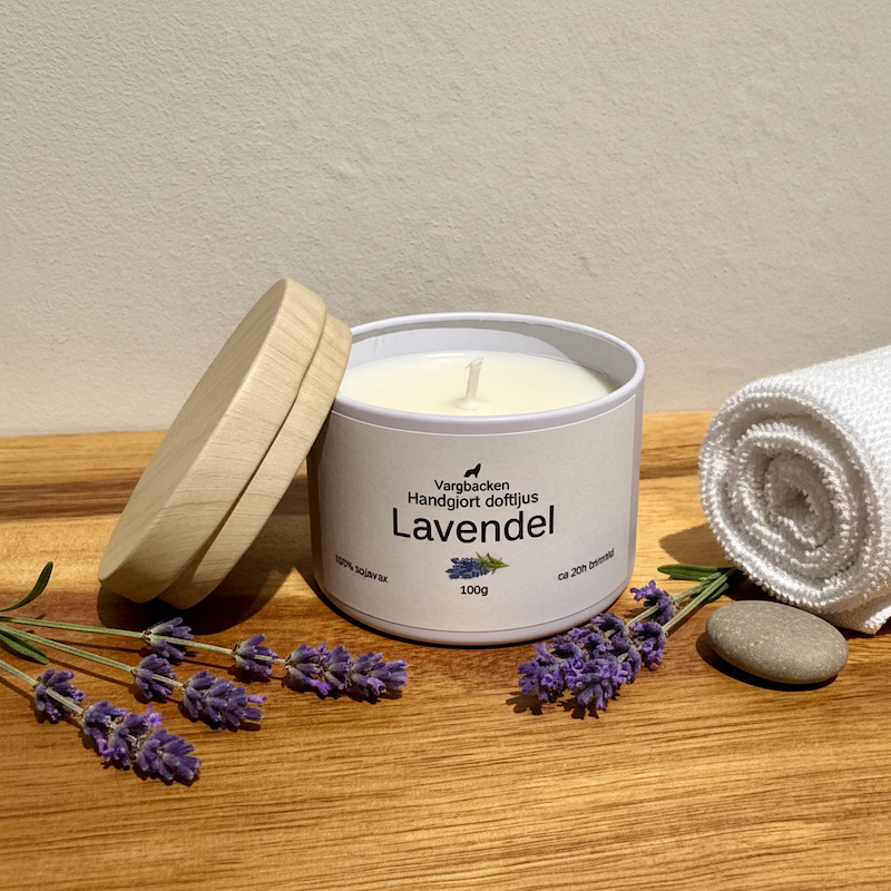 Handgjutet doftljus lavendel sojavax 100g - Naturligt veganskt ljus burk med lock - Tillverkat i Örebro Sverige