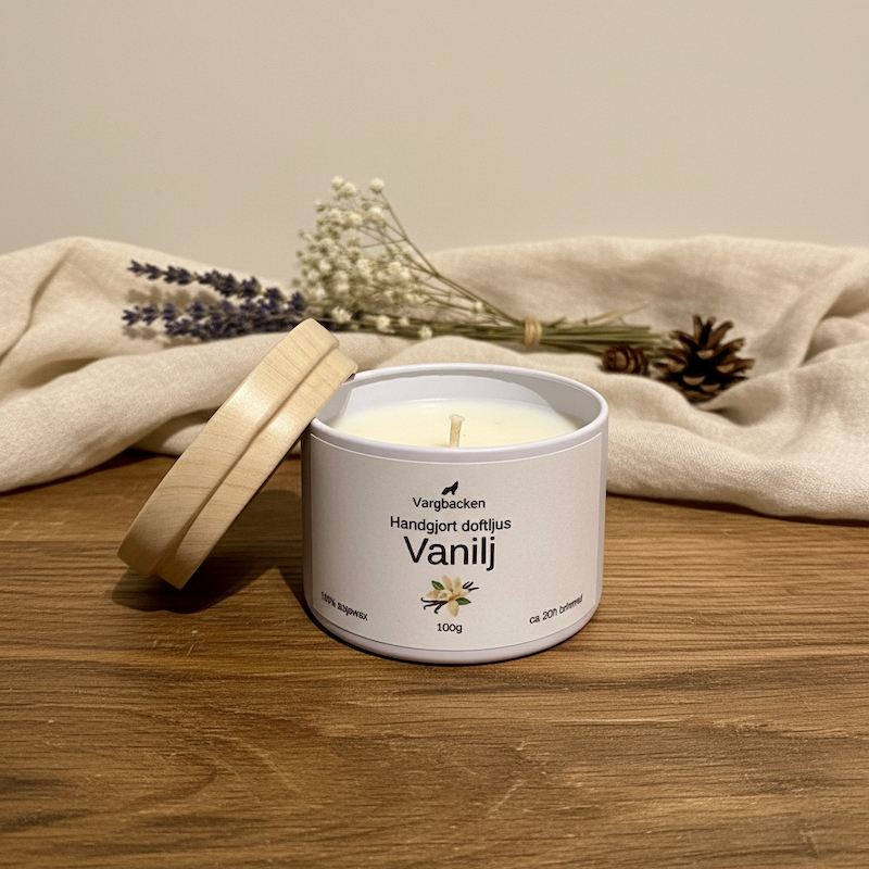 Handgjutet doftljus vanilj sojavax 100g - Naturligt veganskt ljus plåtburk med lock - Tillverkat i Örebro Sverige
